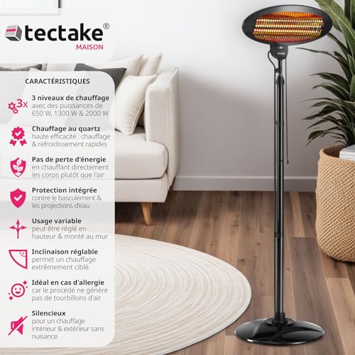 Tectake® Chauffage Electrique Infrarouge Silencieux pour Terrasse et Balcon Économique 1300W & 2000W, Chauffage d'appoin