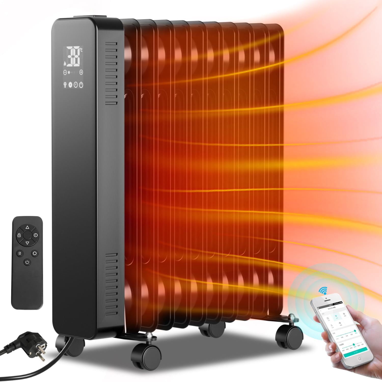 Fiqops 2500W radiateur à huile chauffage à économie d'énergie avec WiFi app & télécommande affichage digital noir
